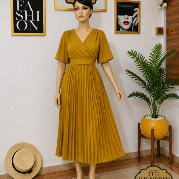 Belted pleated gown, Yellow