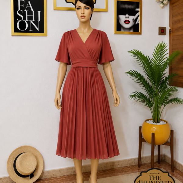 Belted pleated gown, Coral