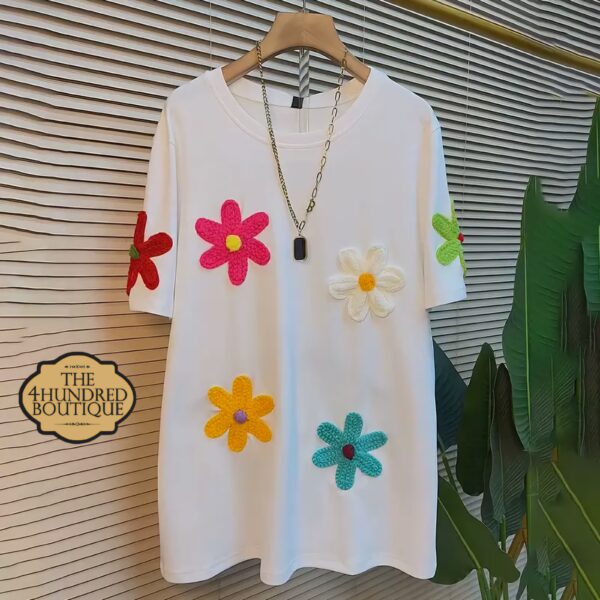 Knitted Floral Tee, White