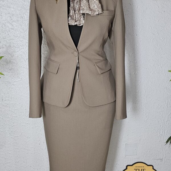 Collarless Skirt Suit Set, Mocha