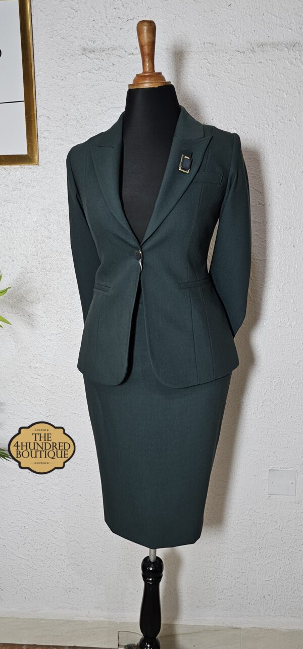 Single Button Skirt Suit Set, Dark Green