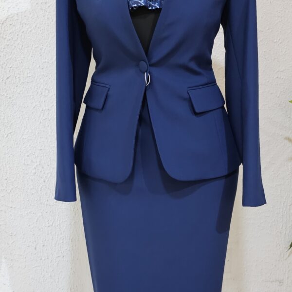Collarless Skirt Suit Set, Navy