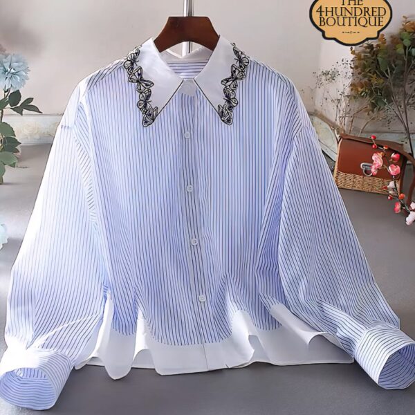 Embellished Collar Stripe Long Sleeve Shirt