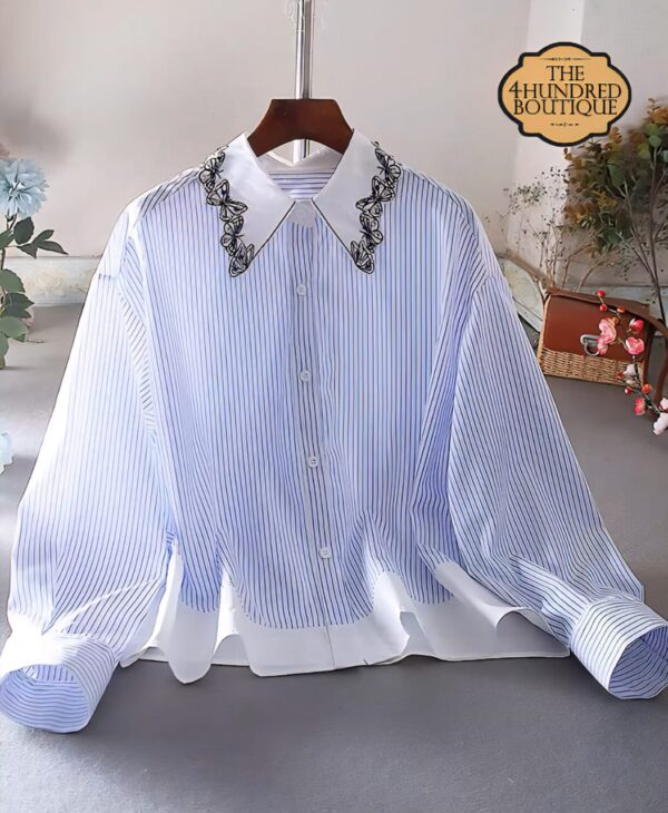 Embellished Collar Stripe Long Sleeve Shirt