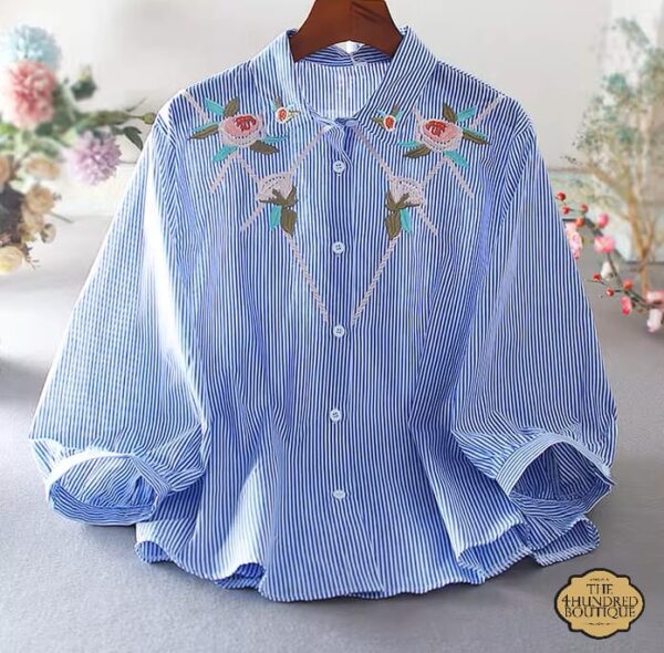 Floral Print Embroidered Shirt, Blue