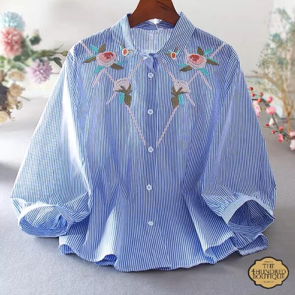 Floral Print Embroidered Shirt, Blue