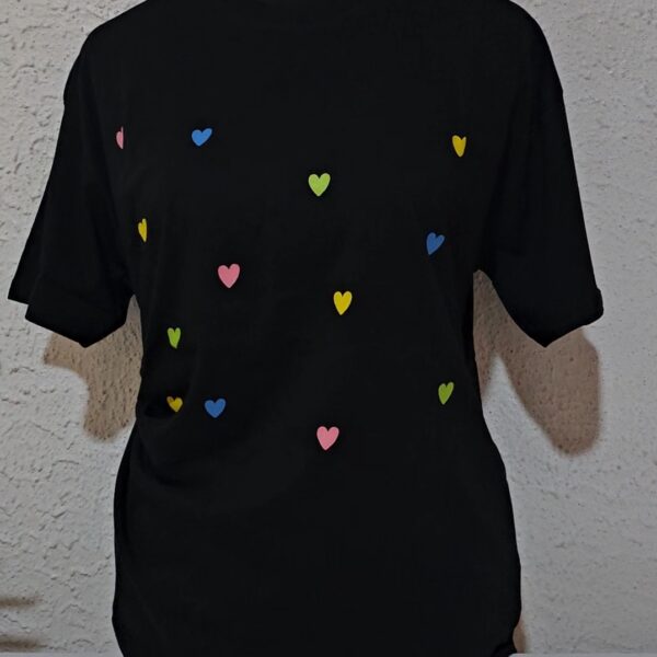 Multi Colour Heart Print Tee Shirt, Black