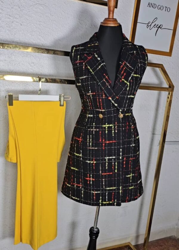 Sleeveless Plaid Jacket Dress, Black