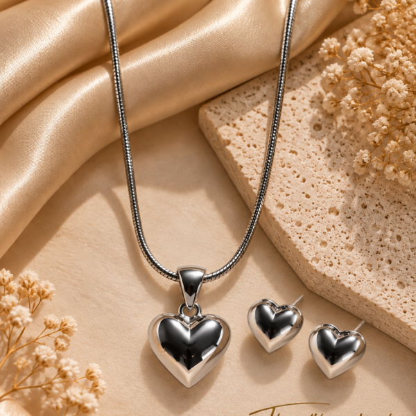 Silver Heart Shaped Earring & Pendant Set