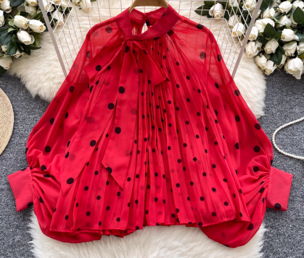 Red Polkadot Pleated Long Sleeve Blouse