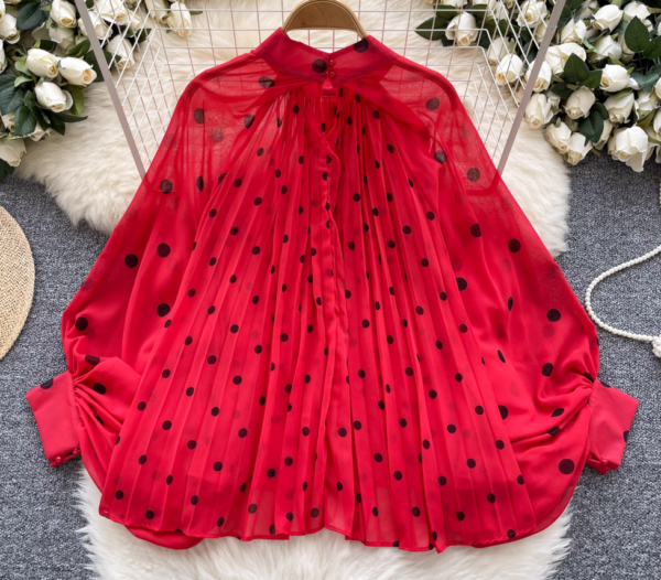 Red Polkadot Pleated Long Sleeve Blouse