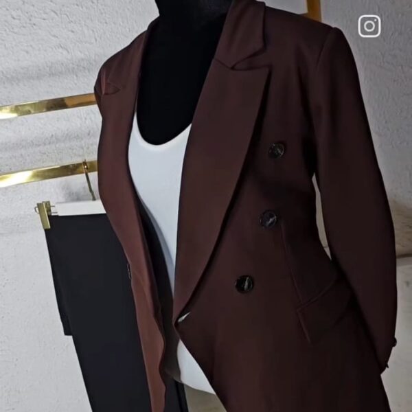 Plus Black Button Double Breasted Blazer, Coffee