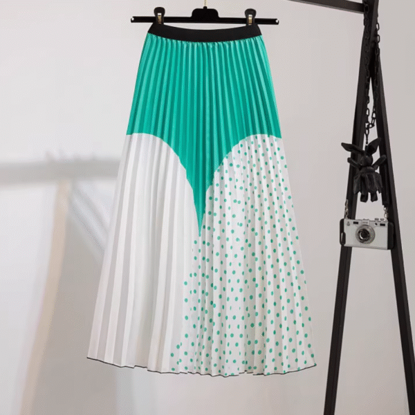 Printed Pleated Skirt, Green Polka-dot