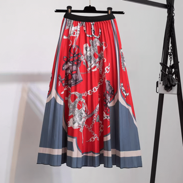 Chain Design Printed Pleated Skirt, Red