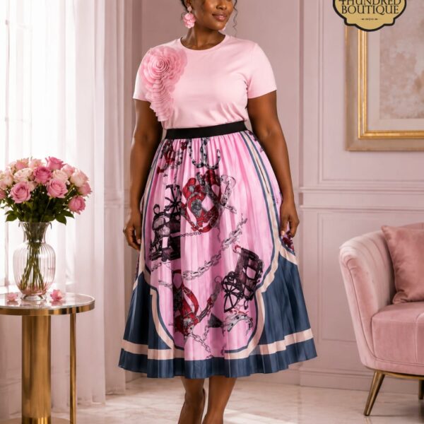 Chain Design Printed Pleated Skirt, Pink