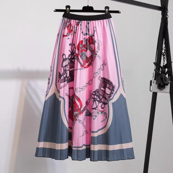 Chain Design Printed Pleated Skirt, Pink