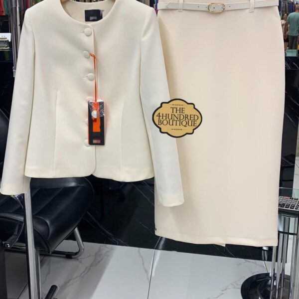 Collarless Skirt Suit Set, Nude