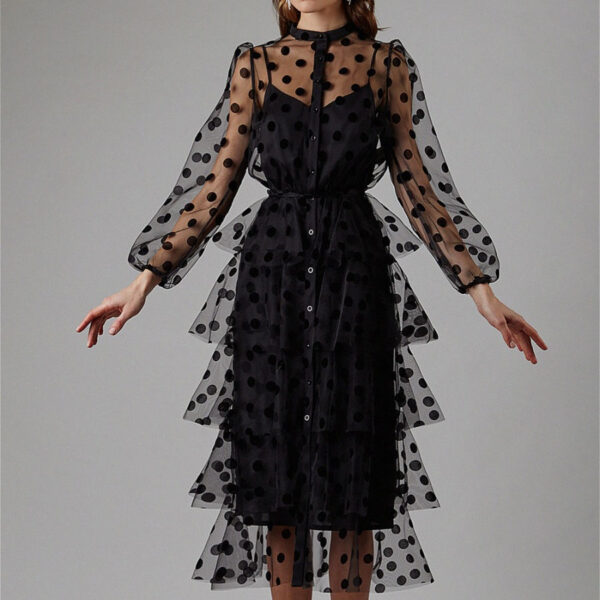 Layered Polka Dot Gown, Black