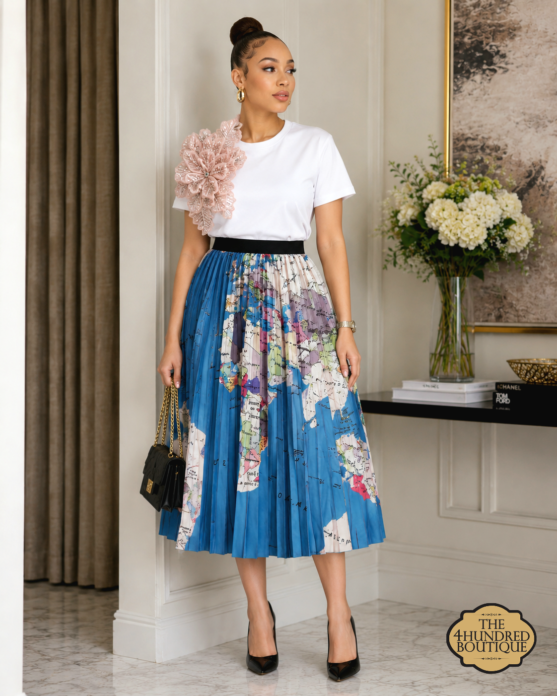 Blue Globe Pleated Skirt