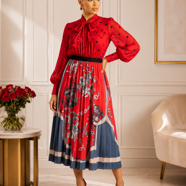 Chain Design Printed Pleated Skirt, Red