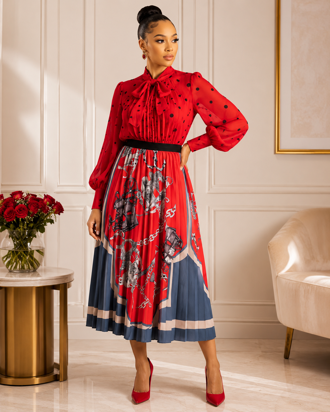Chain Design Printed Pleated Skirt, Red