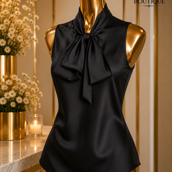 Black Pussy Bow Sleeveless Top, Black