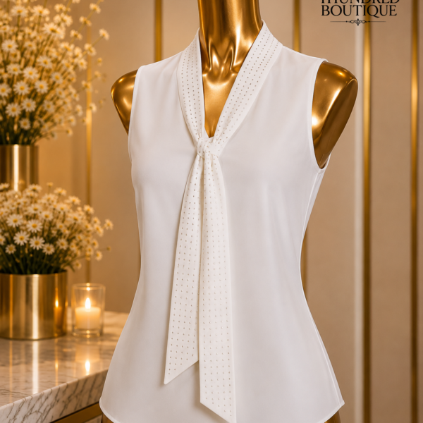 White Pussy Bow Sleeveless Top, Studded White