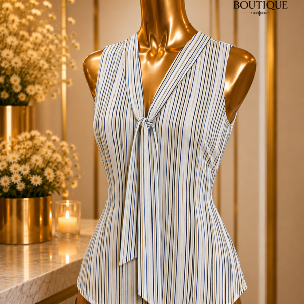 Blue Pussy Bow Sleeveless Top, Stipped Blue