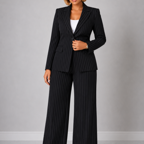 Plus Striped Single Button Suit Set, Black