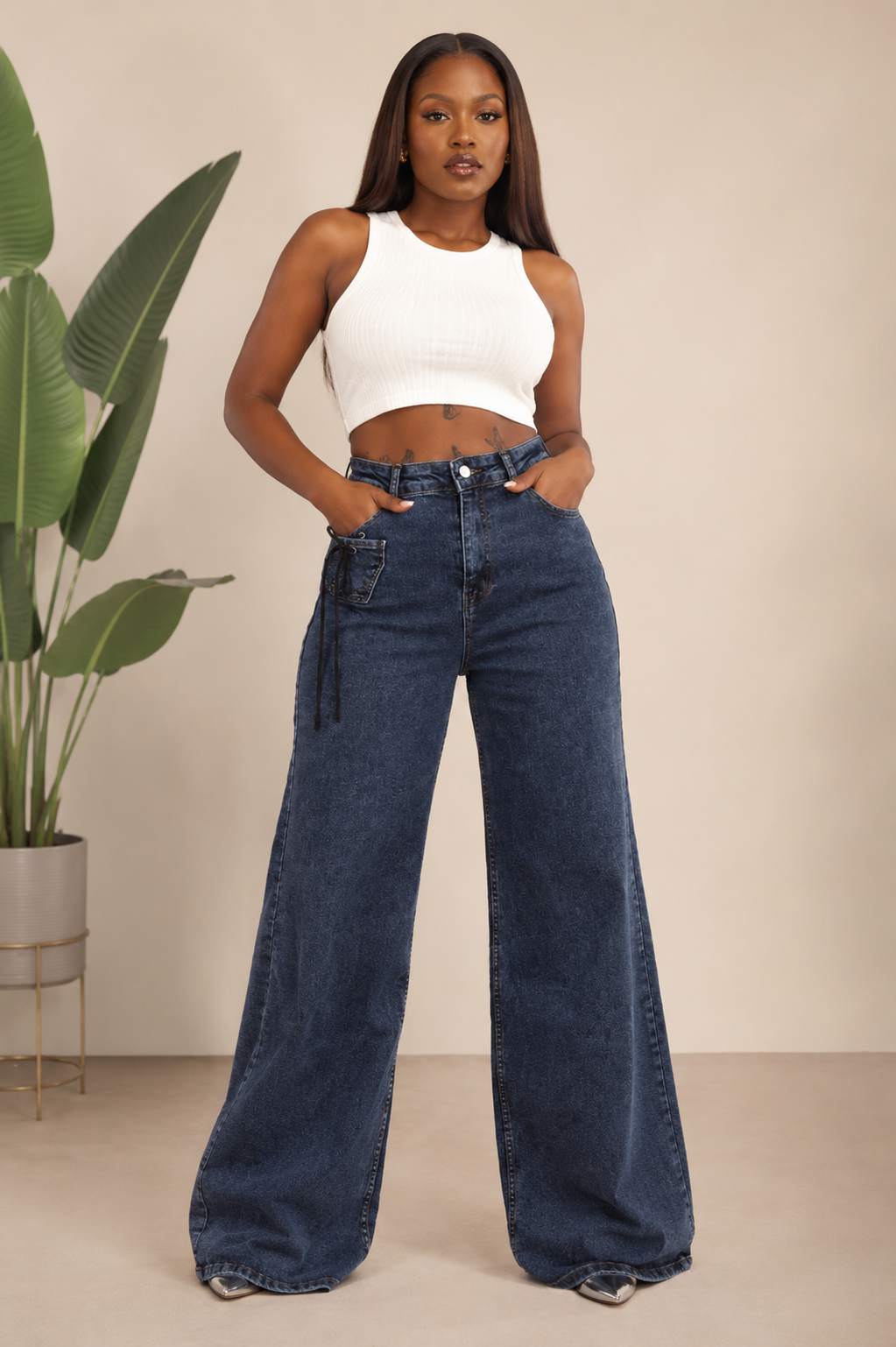 Straight Leg Lace-Up Jeans, Dark blue