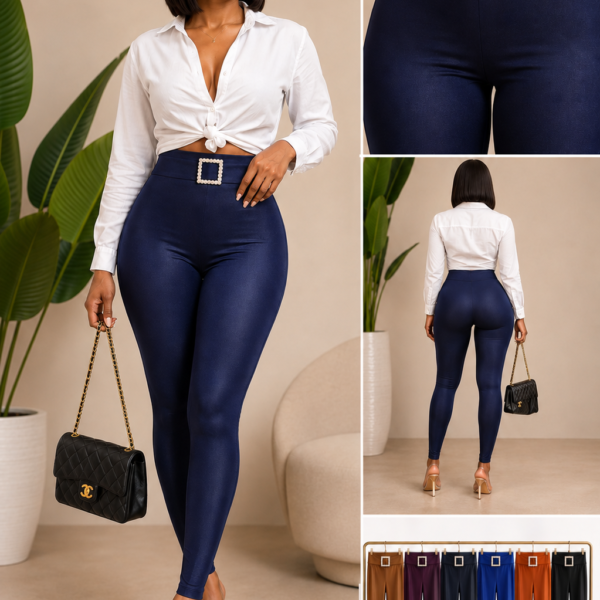 Embellished Buckle Leggings, Navy