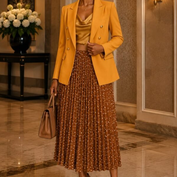 Polka Dot Pleated Skirt, Deep Mustard