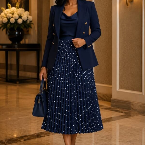 Polka Dot Pleated Skirt, Navy