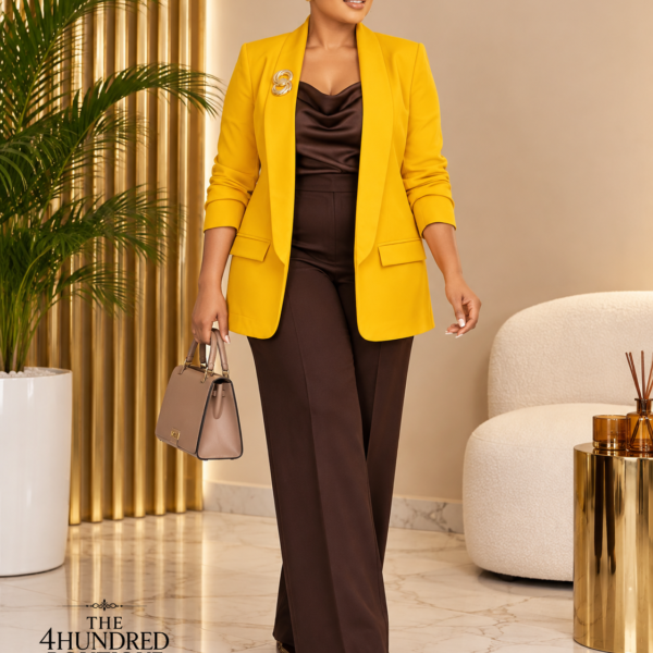 Ruched Sleeve Blazer, Mustard Yellow