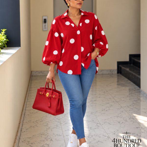 Big Polka Dot Puff Sleeve Top, Red