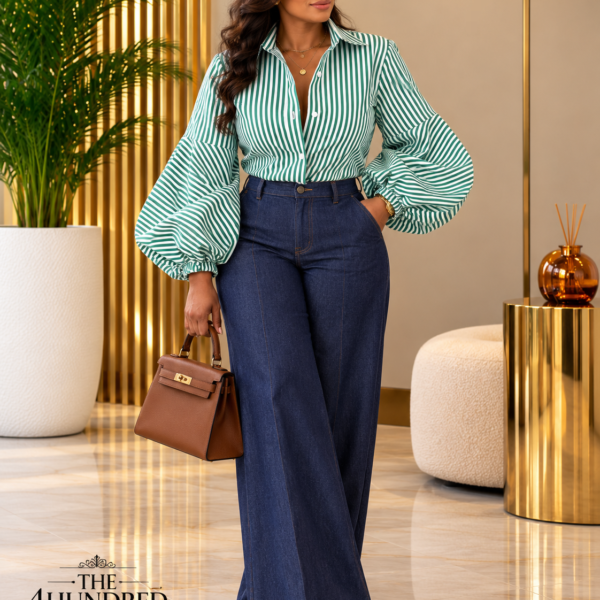 Striped Ballon Sleeve Shirt, Green