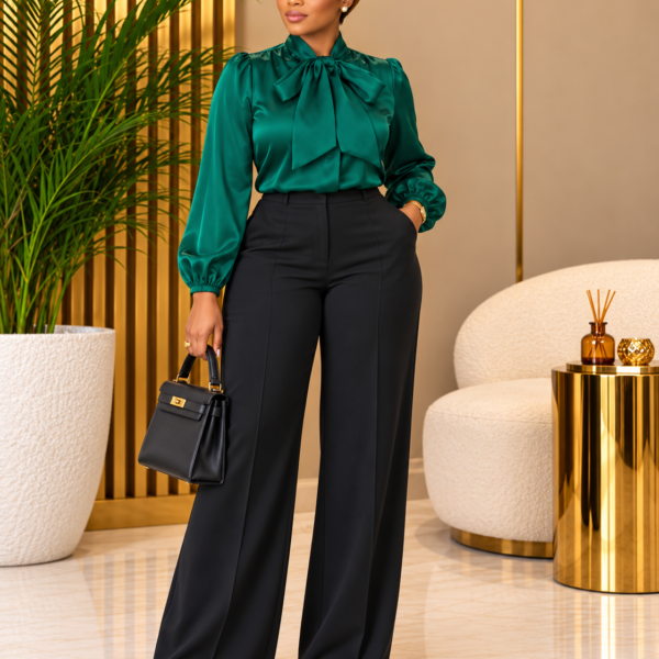 Silk Pussy Bow Long Sleeve Shirt, Green