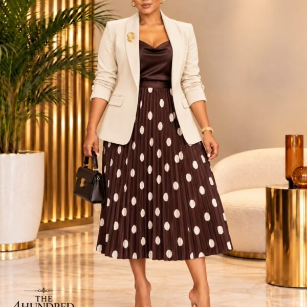 Bold Polka Dot Pleated Skirt, Chocolate