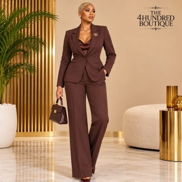 Single Button Brooche Pant Suit, Chocolate
